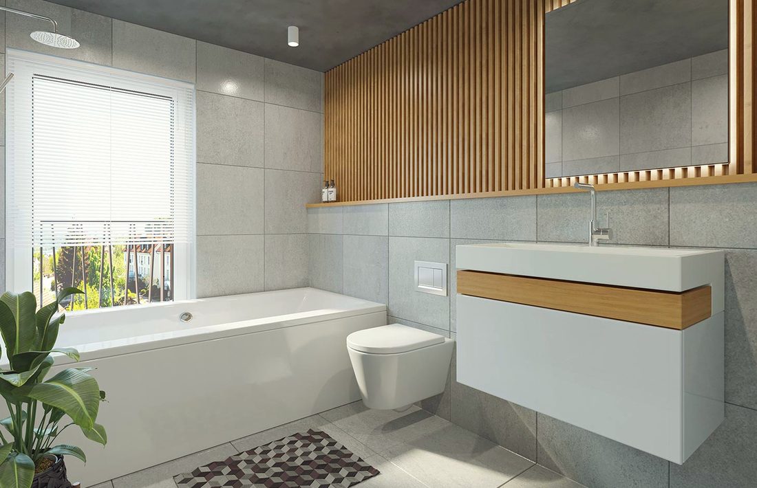 A bathroom with a slatted timber screen and a long tub under the window